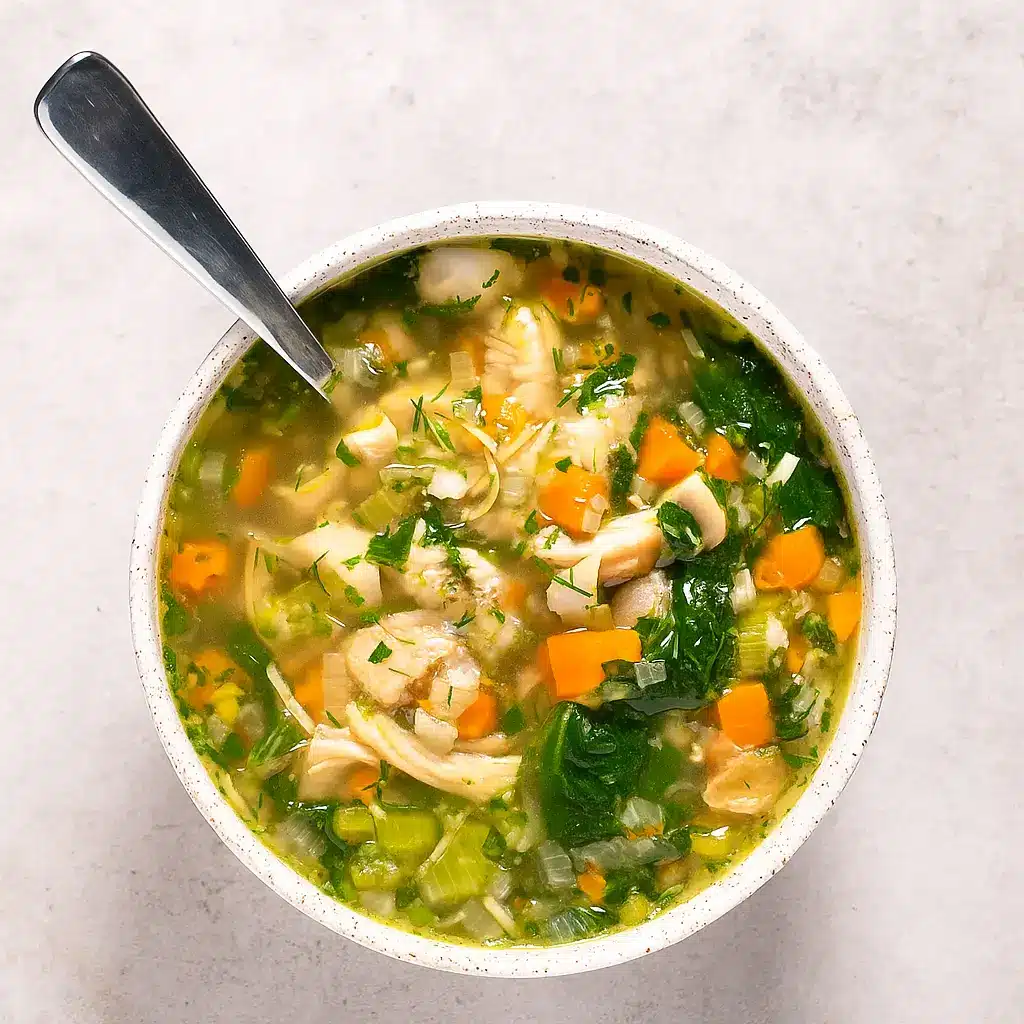 Hearty Turkey &amp; Vegetable Soup in rustic bowl