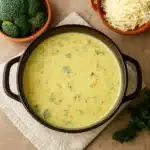 high protein broccoli cheddar soup in a rustic bowl