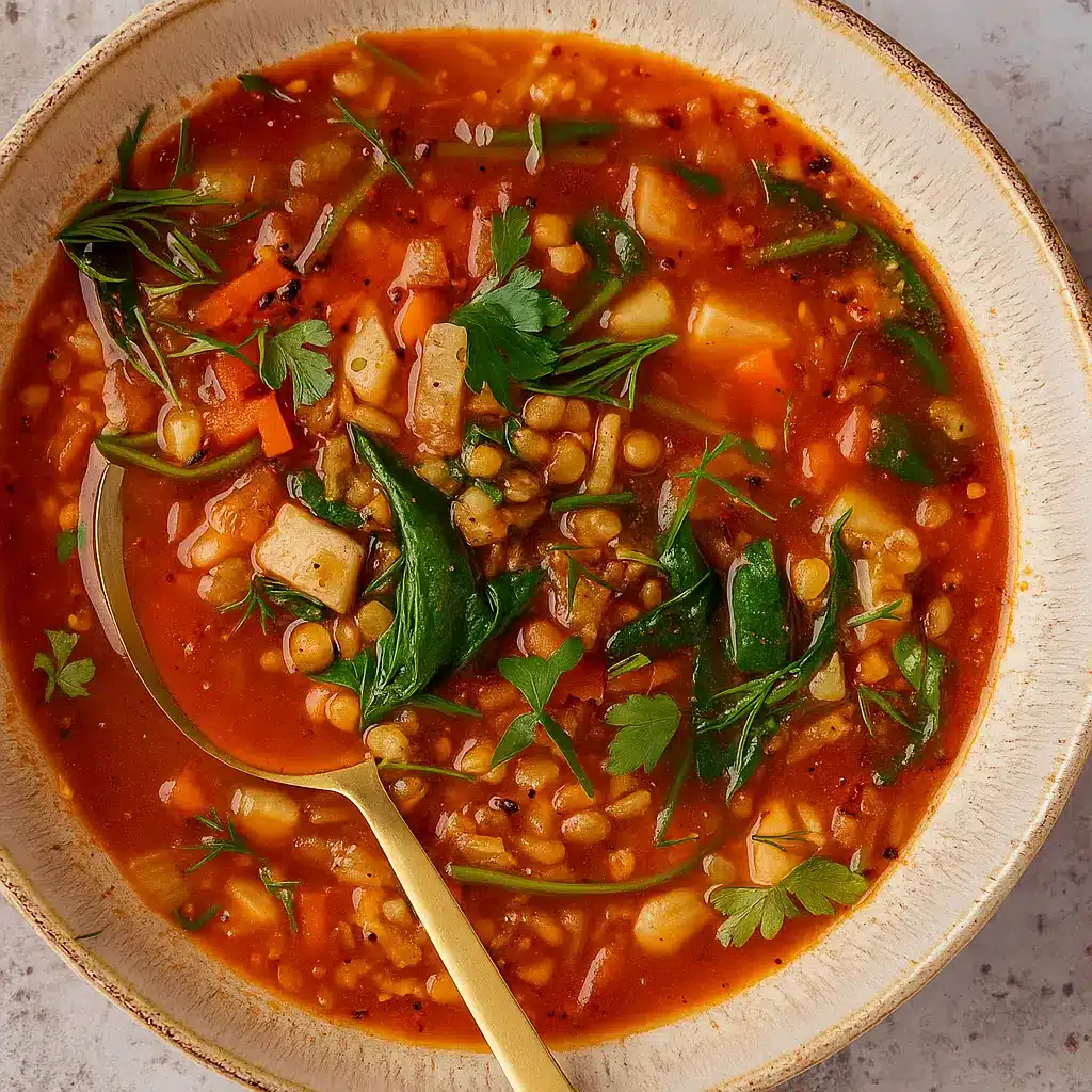High Protein Vegetable Soup in a rustic bowl with steam rising