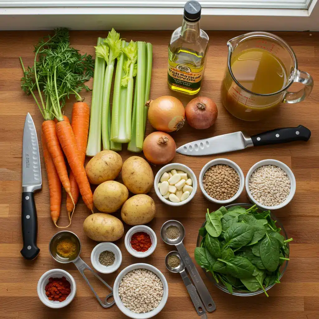 Ingredients for High Protein Vegetable Soup arranged on a wooden counter