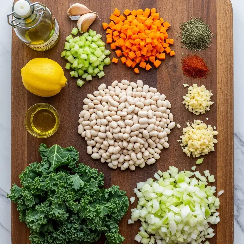 Ingredients for High Protein White Bean Soup laid out