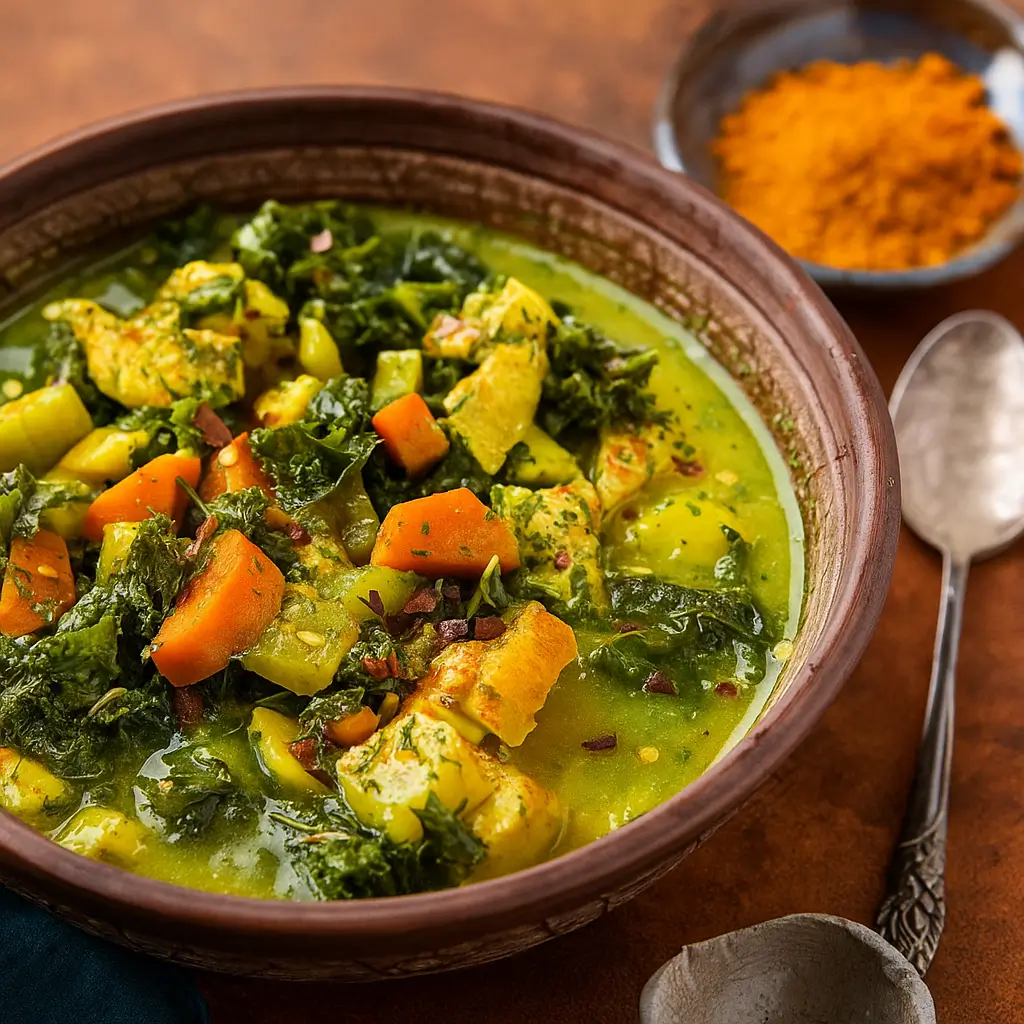Immunity-Boosting Turmeric Chicken Soup in rustic bowl