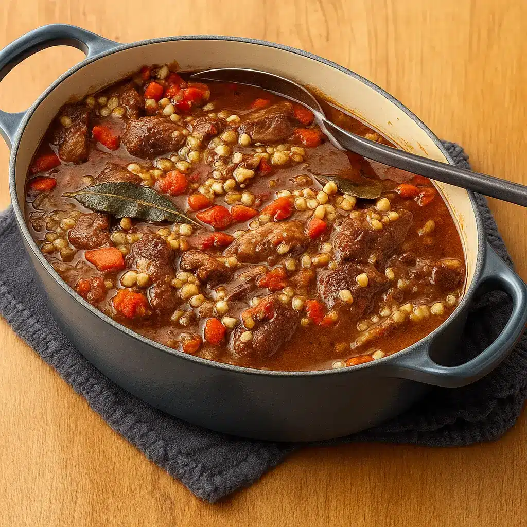 Ina Garten Beef and Barley Soup in a rustic kitchen pot
