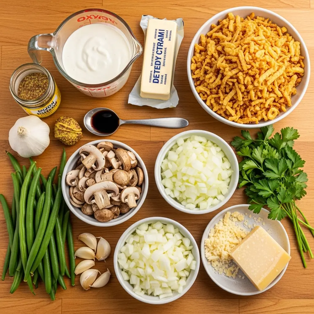 Ingredients for Ina Garten Green Bean Casserole laid out on counter