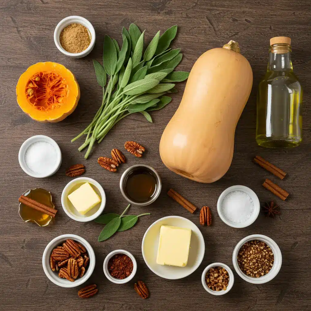 ingredients for roasted hasselback butternut squash with sage butter