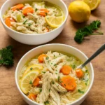 Lemon Chicken and Rice Soup in a bowl on rustic table