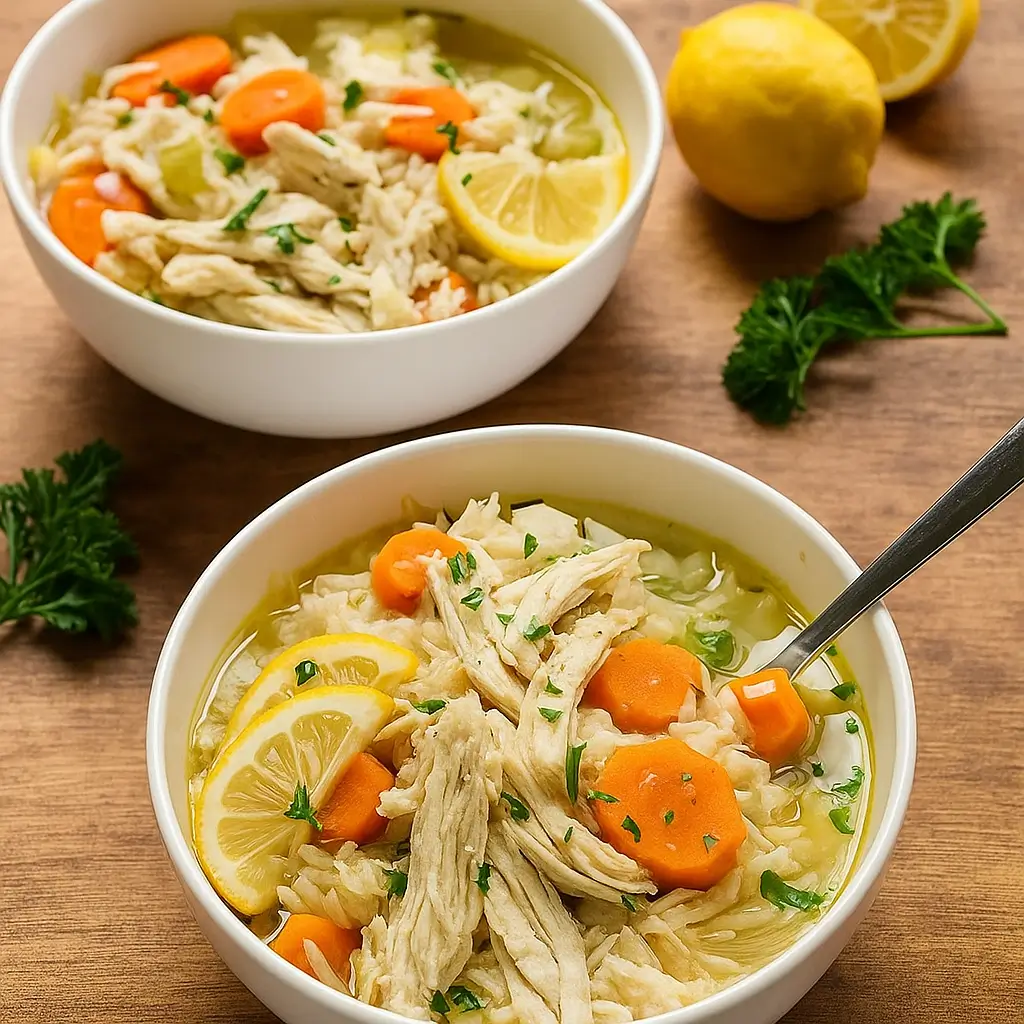 Lemon Chicken and Rice Soup in a bowl on rustic table