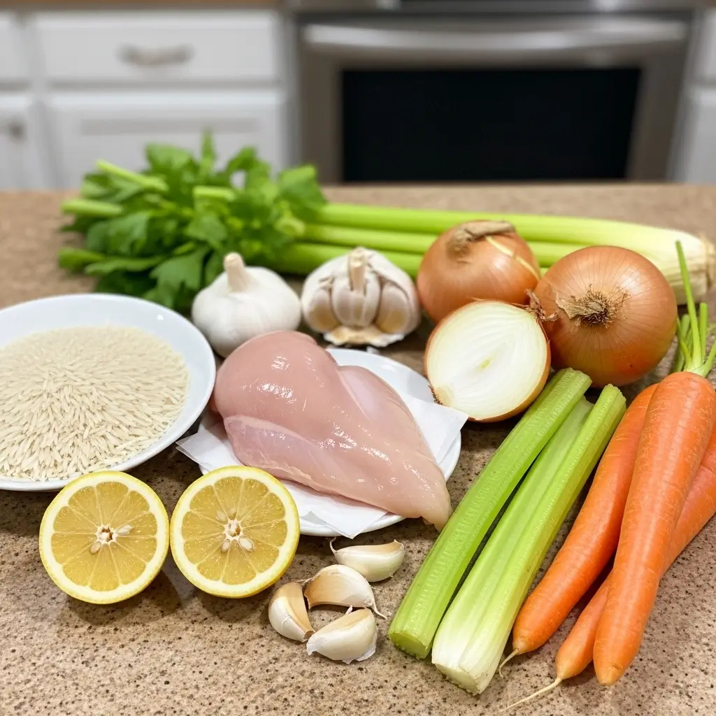 Ingredients for Lemon Chicken and Rice Soup on counter
