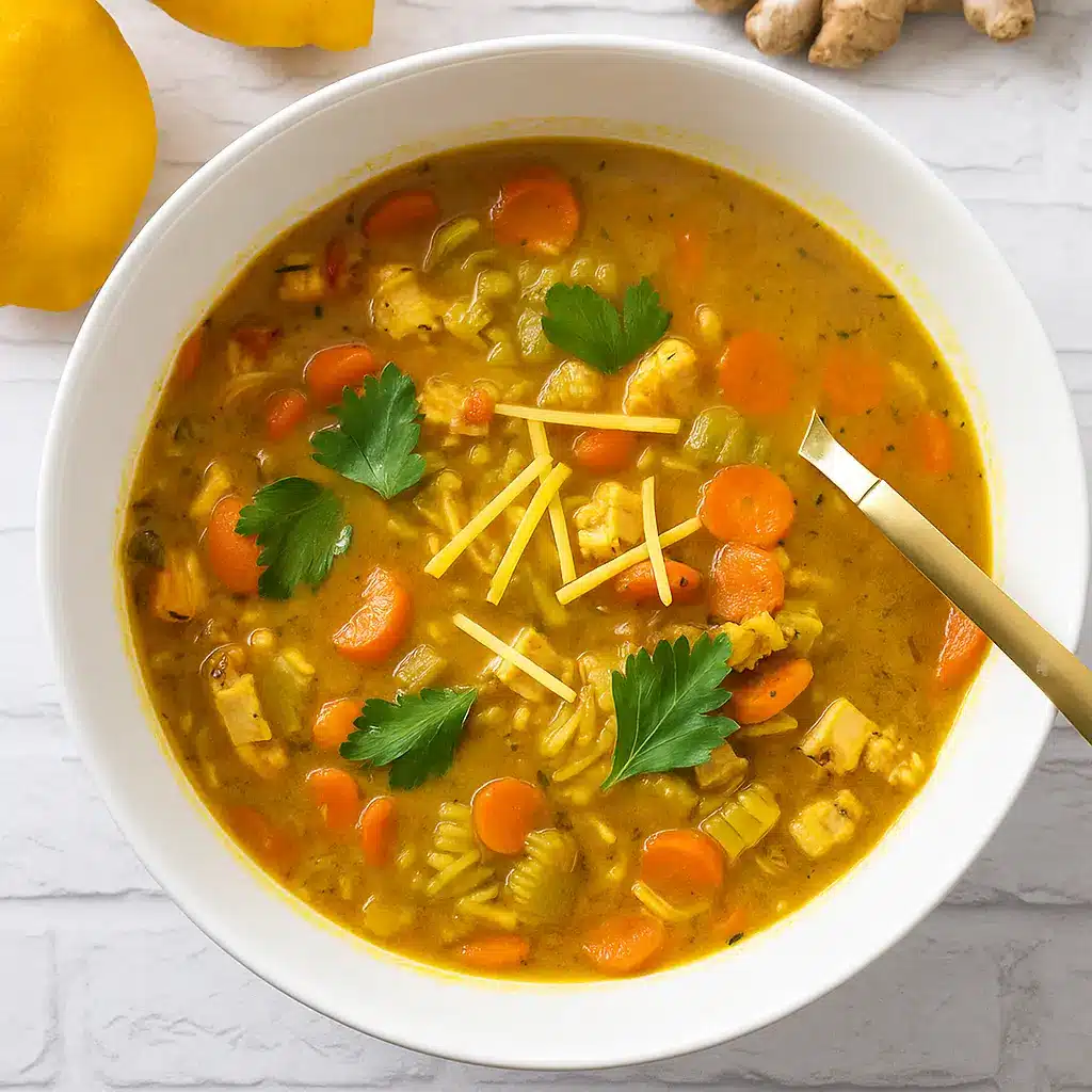 Lemon-Ginger Chicken and Rice Soup in rustic bowl