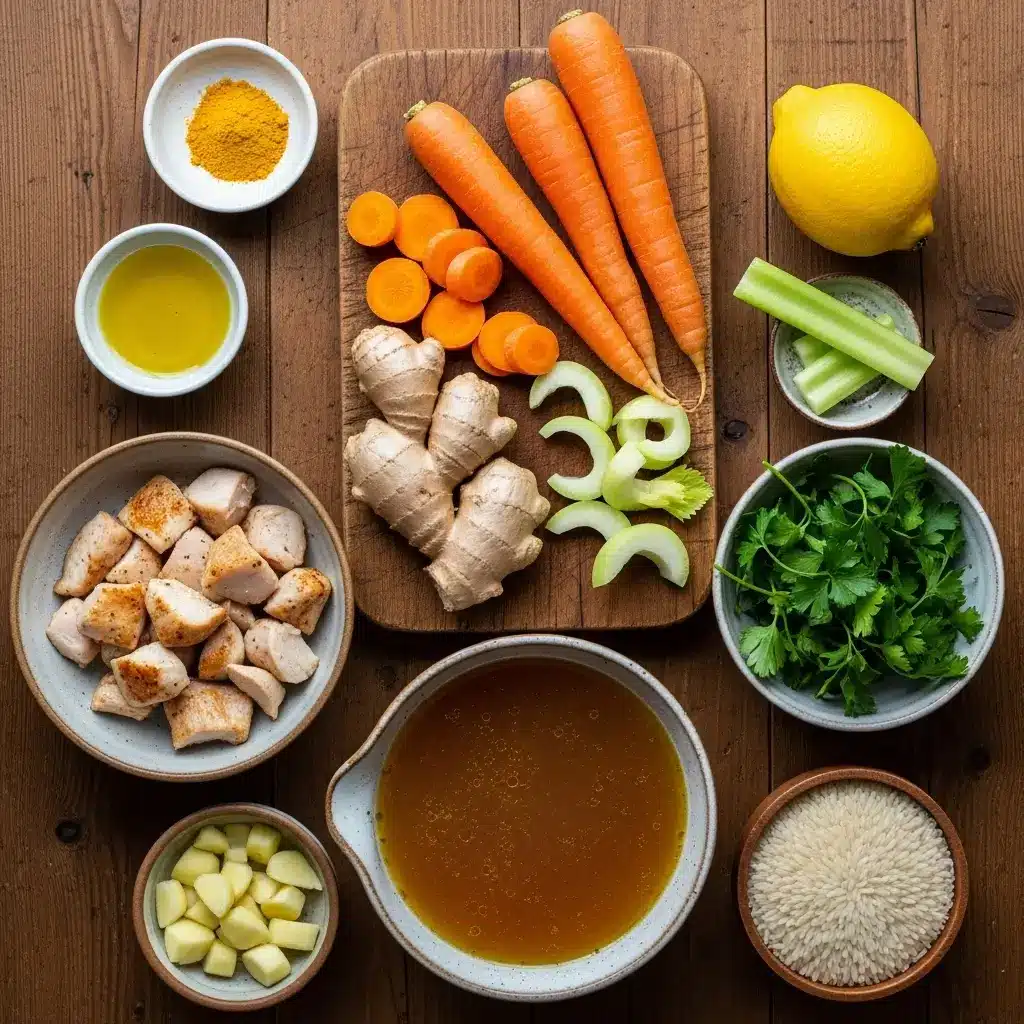 Ingredients for lemon-ginger chicken and rice soup