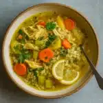 Lemon Ginger Turmeric Chicken and Rice Soup in rustic bowl
