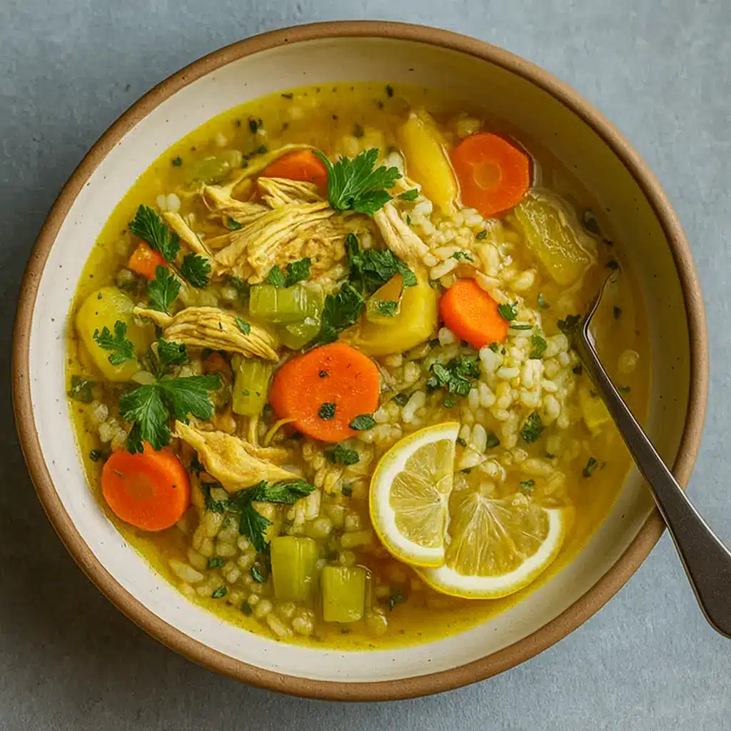 Lemon Ginger Turmeric Chicken and Rice Soup in rustic bowl