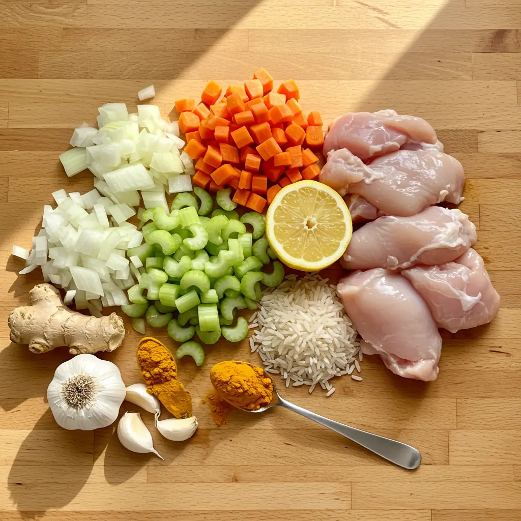 Ingredients for Lemon Ginger Turmeric Chicken and Rice Soup on wooden table
