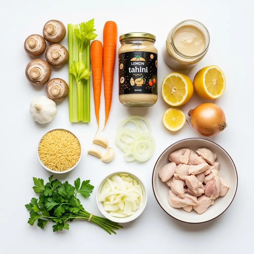 Ingredients for Lemon-Tahini Chicken Soup on a flat lay