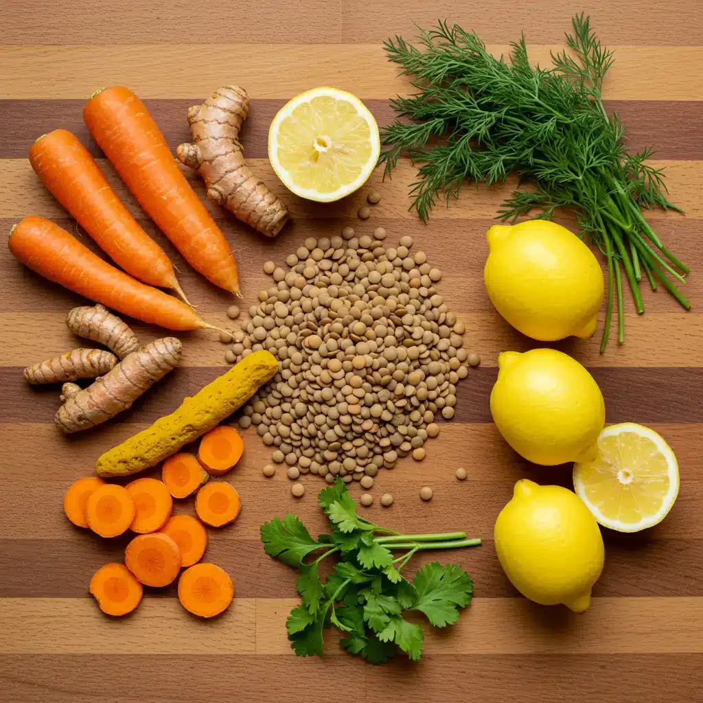 Lemon Turmeric Lentil Soup ingredients on a counter