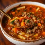 Bowl of Low Carb Hamburger Soup with cauliflower and beef.