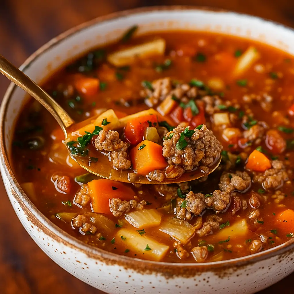 Bowl of Low Carb Hamburger Soup with cauliflower and beef.