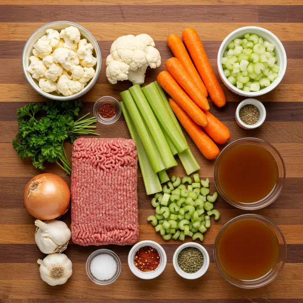 Low Carb Hamburger Soup ingredients laid out on kitchen counter.