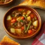 Mediterranean Vegetable Beef Soup in a rustic bowl on a wooden table