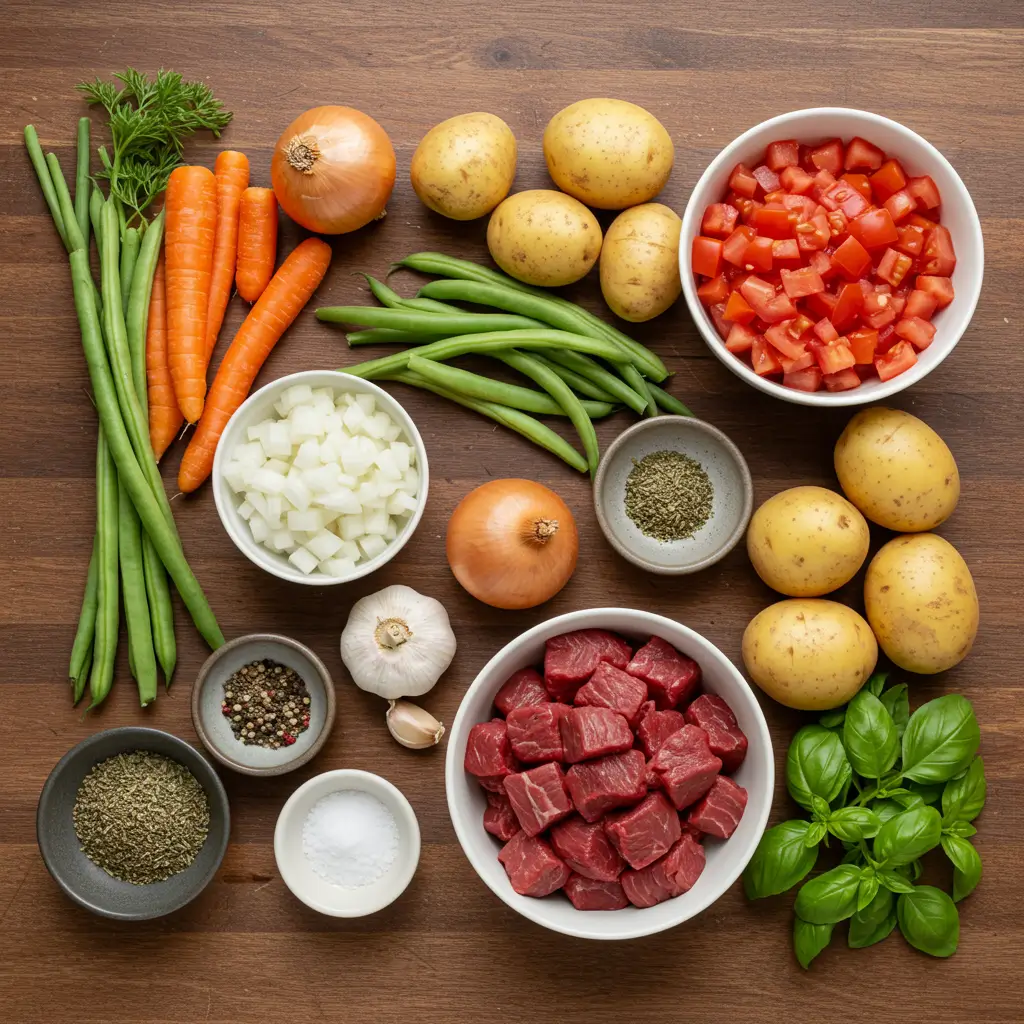 Mediterranean Vegetable Beef Soup ingredients laid out on a wooden counter