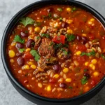 Mexican Beef and Rice Soup with ground beef, rice, and vibrant toppings