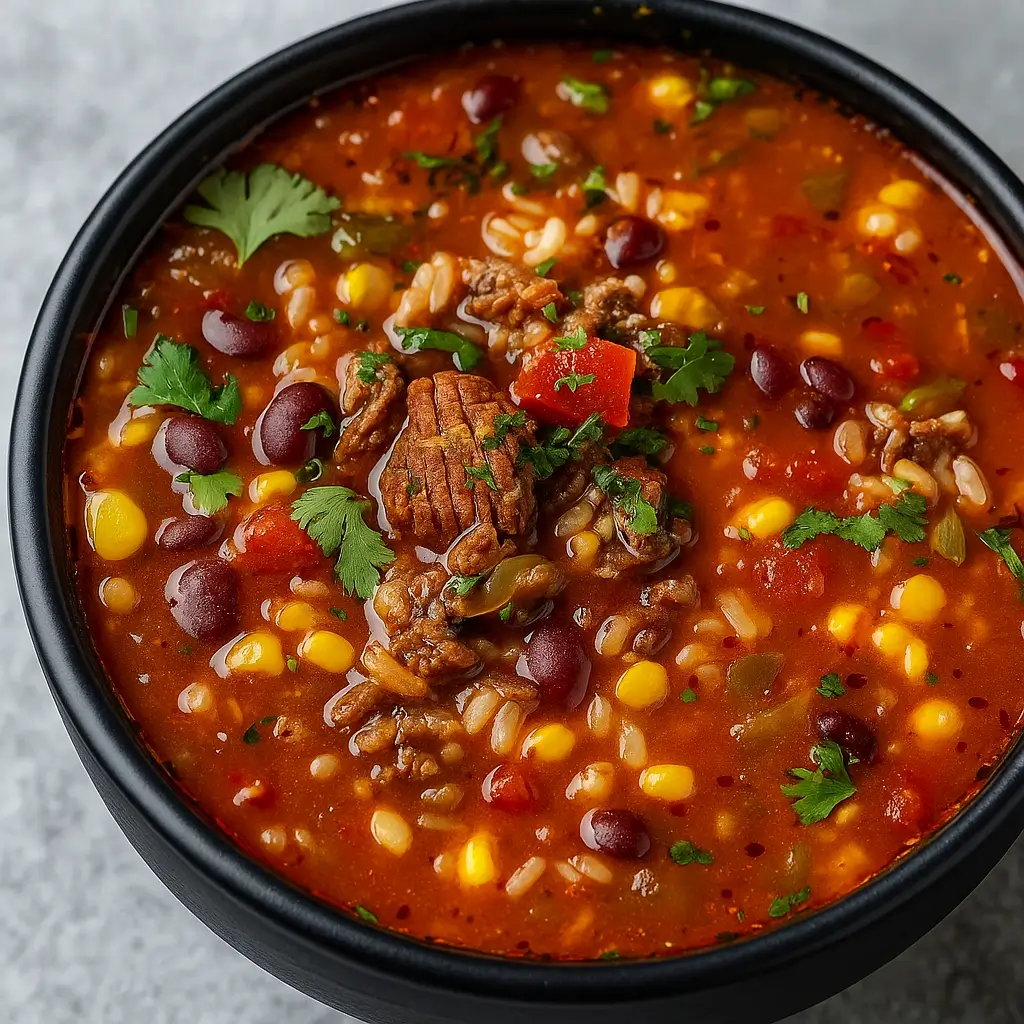 Mexican Beef and Rice Soup with ground beef, rice, and vibrant toppings