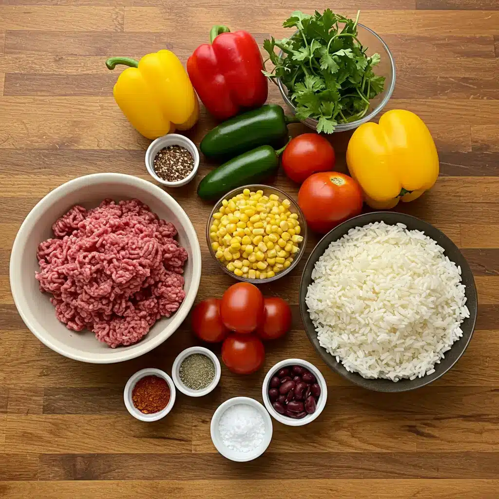 Ingredients for Mexican Beef and Rice Soup arranged on kitchen table
