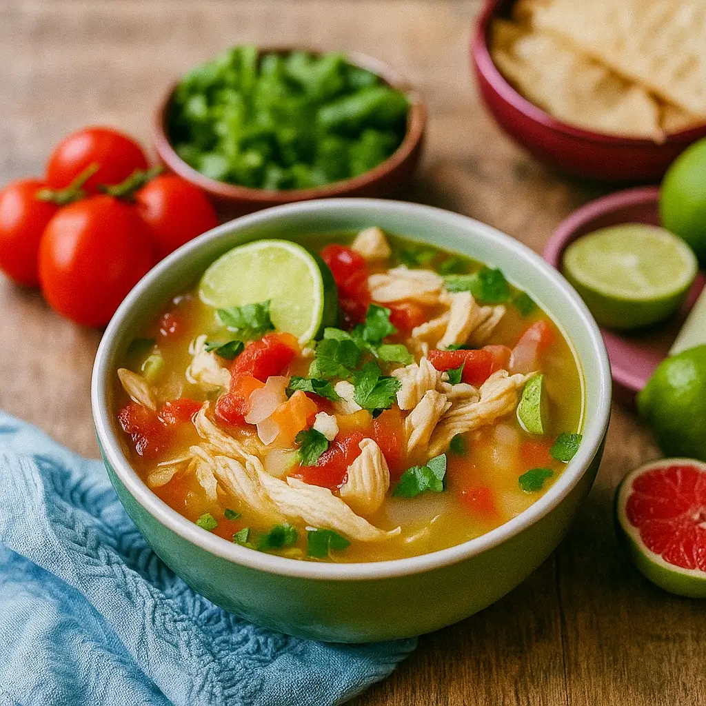 Mexican Chicken Lime Soup (Sopa de Lima) with lime and avocado