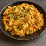 Mexican Chicken and Rice with Queso in skillet