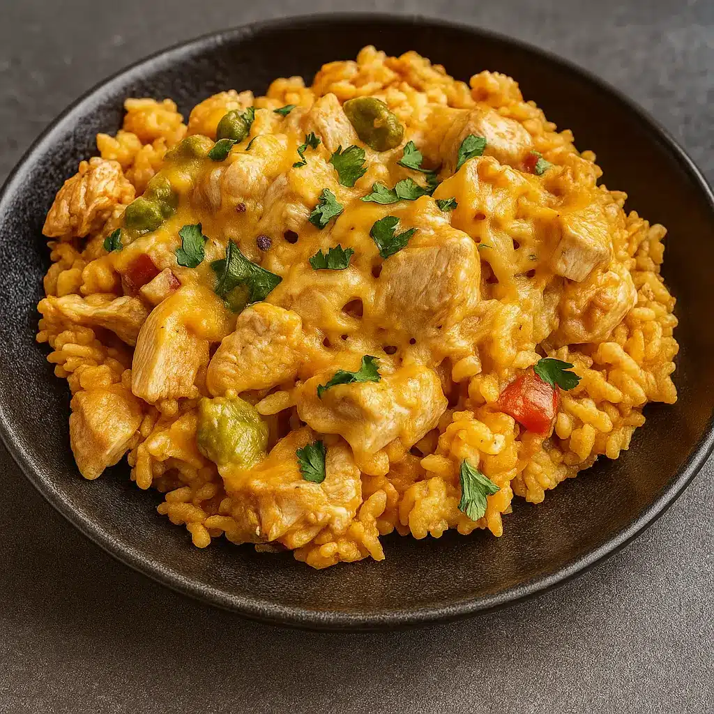 Mexican Chicken and Rice with Queso in skillet