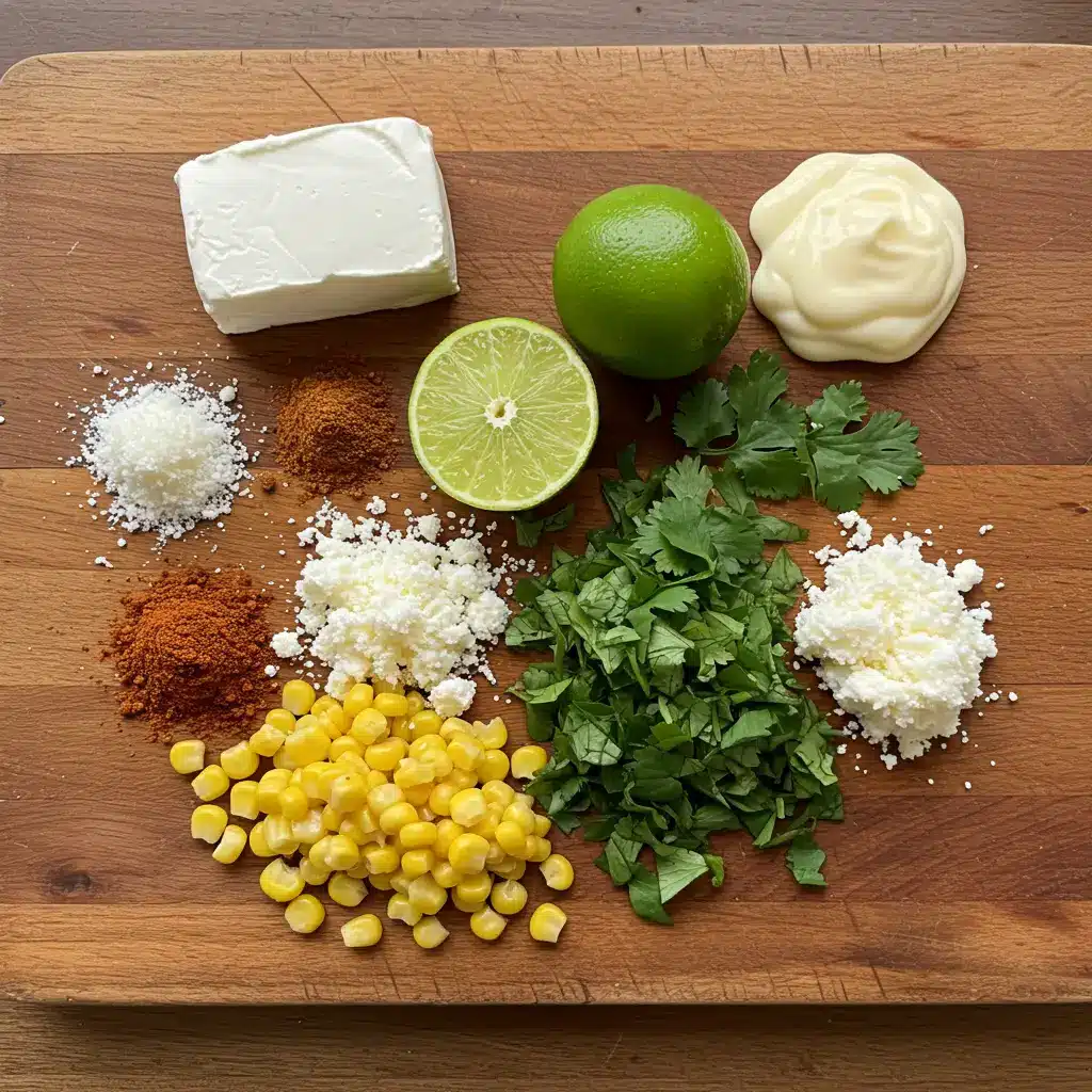 Ingredients for Mexican Street Corn Dip on a wooden board