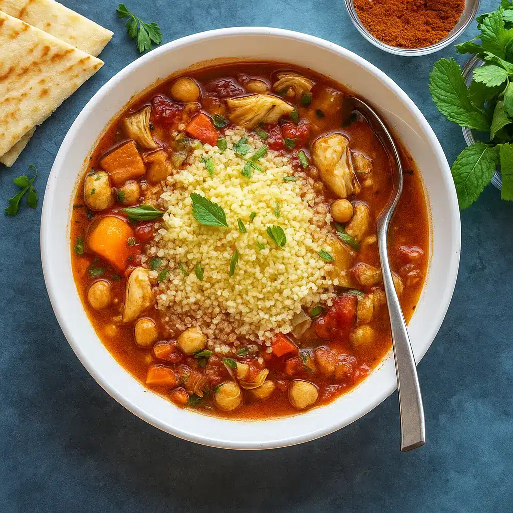 Moroccan Chicken Soup in rustic bowl