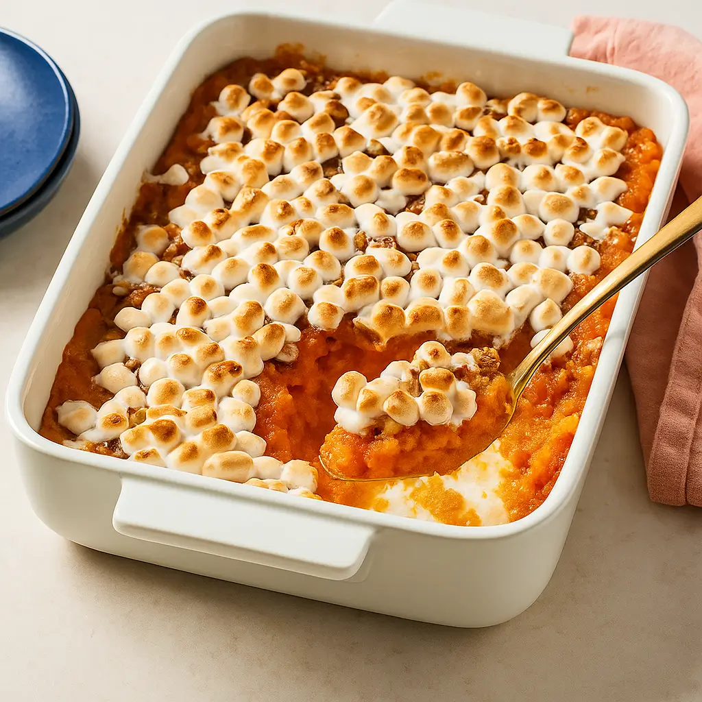 Old-Fashioned Sweet Potato Casserole topped with marshmallows and pecans