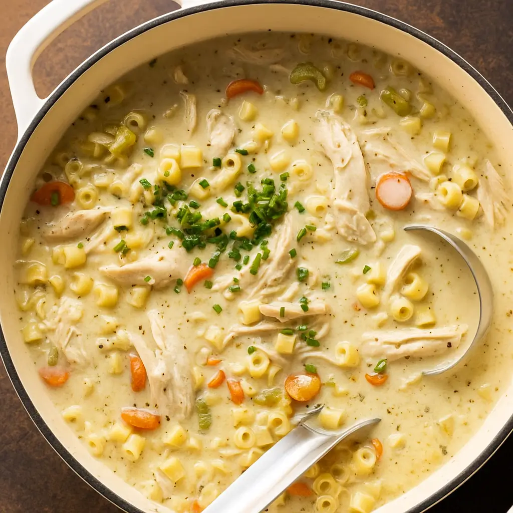 One Pot Creamy Chicken Soup Recipe in rustic kitchen setting