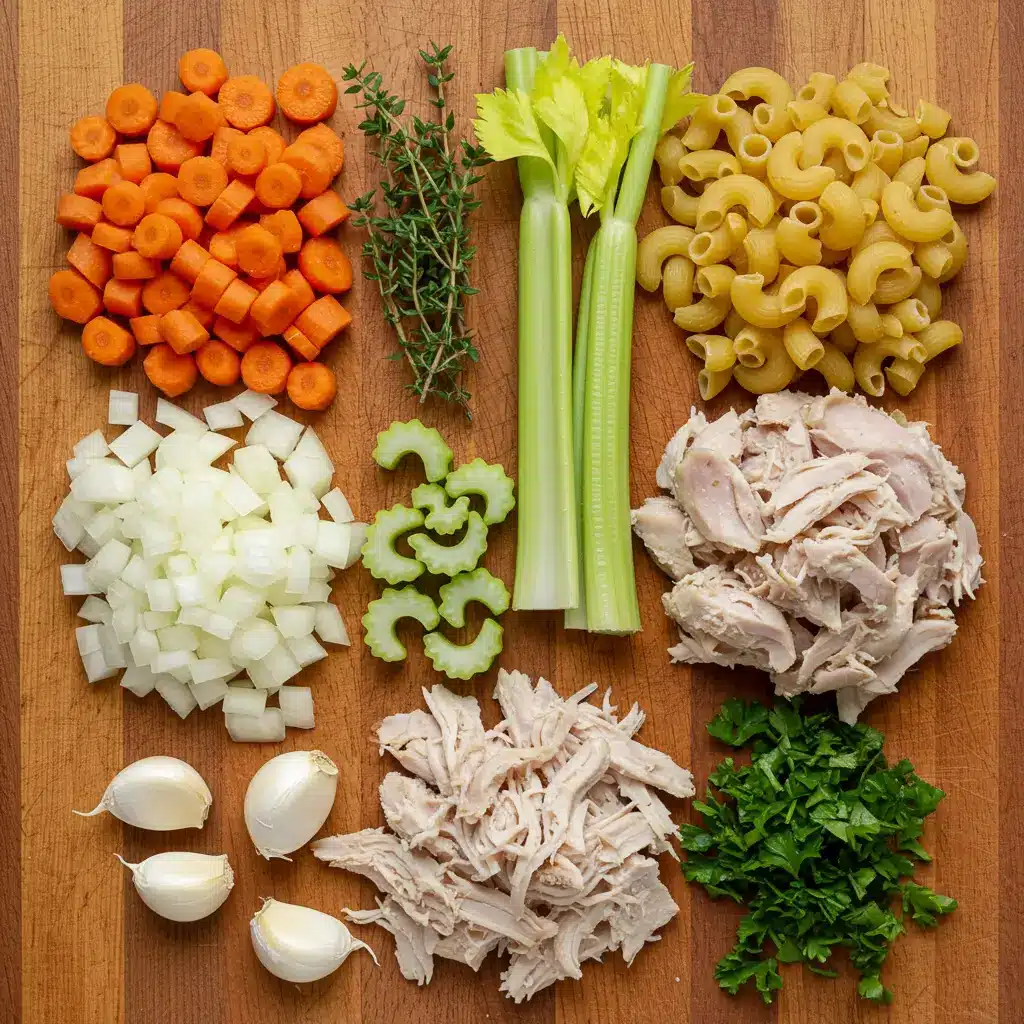 One Pot Creamy Chicken Soup Recipe ingredients on kitchen counter