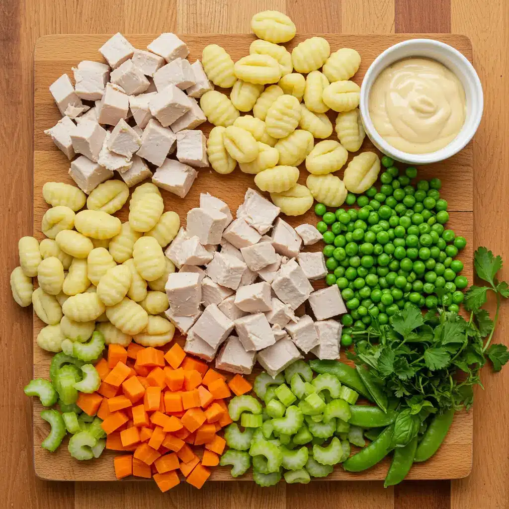 One Pot Gnocchi Chicken Pot Pie ingredients on a rustic kitchen counter