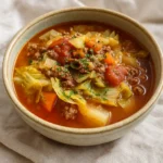One-Pot Hamburger Cabbage and Onion Soup in rustic Dutch oven