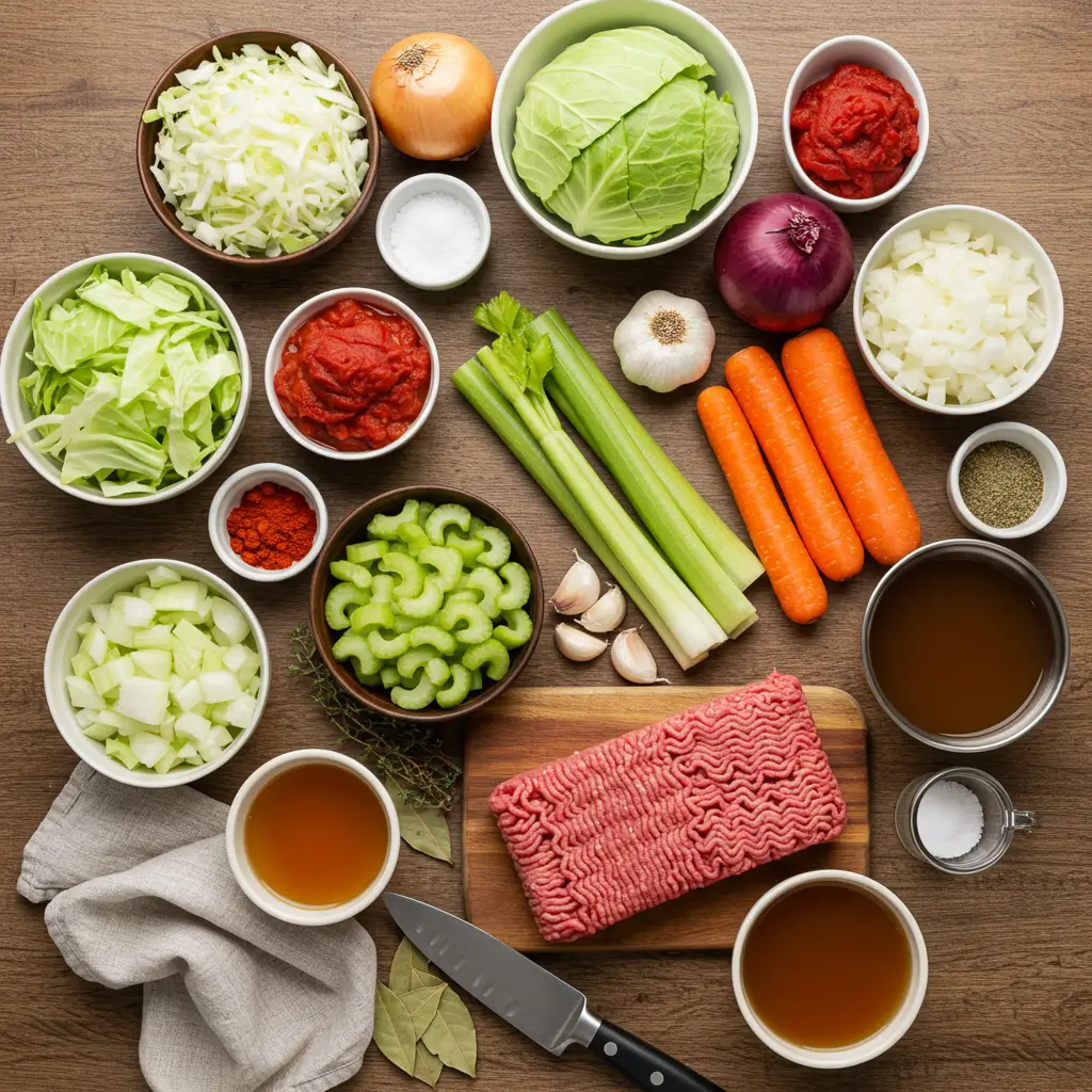 Fresh ingredients for One-Pot Hamburger Cabbage and Onion Soup
