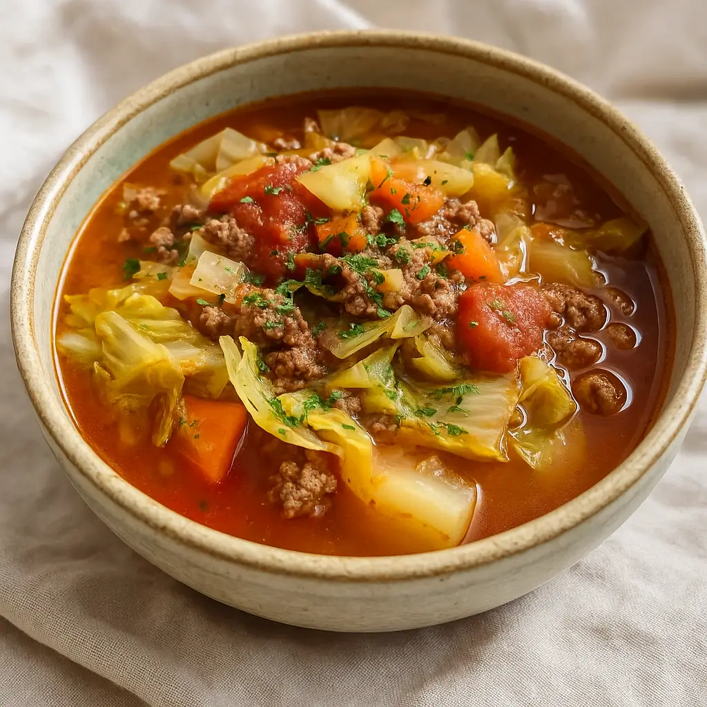 One-Pot Hamburger Cabbage and Onion Soup in rustic Dutch oven