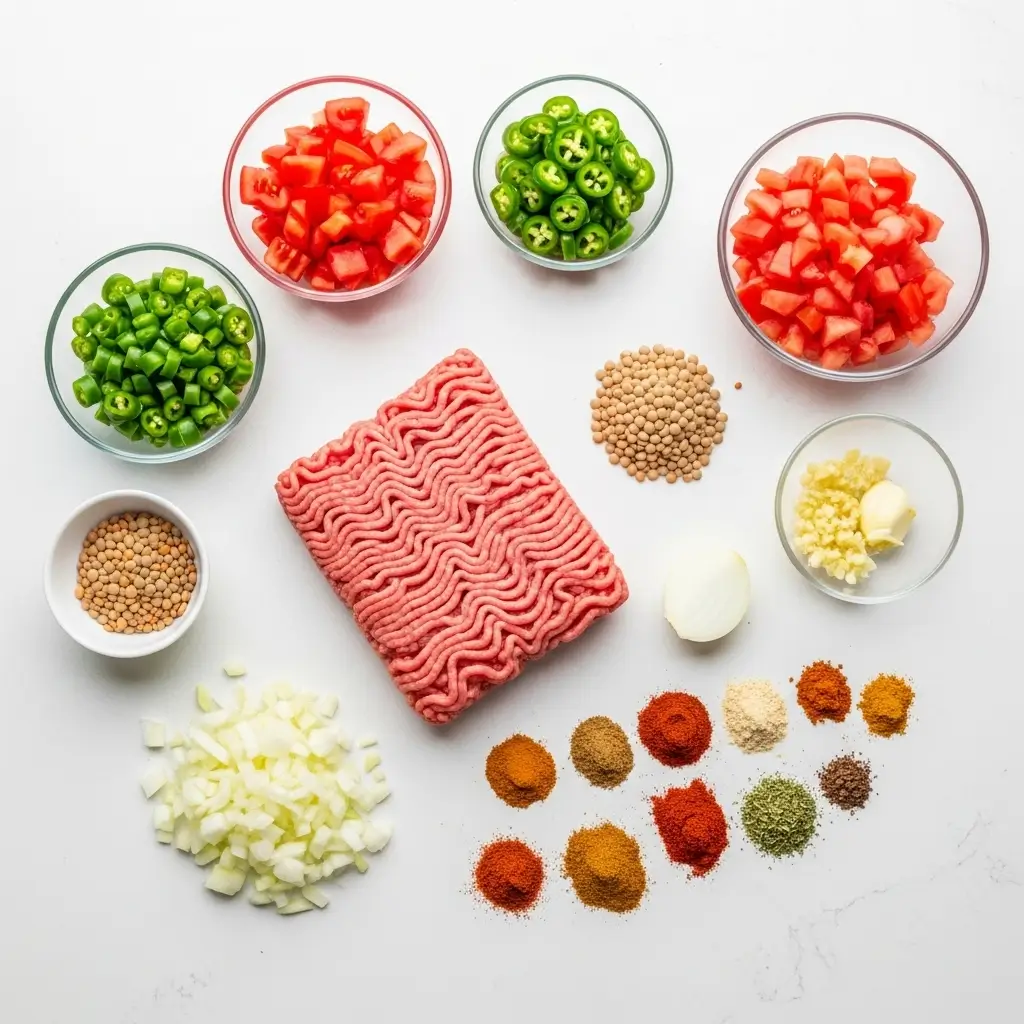 Ingredients for One Pot Healthy Turkey Lentil Chili laid out on counter