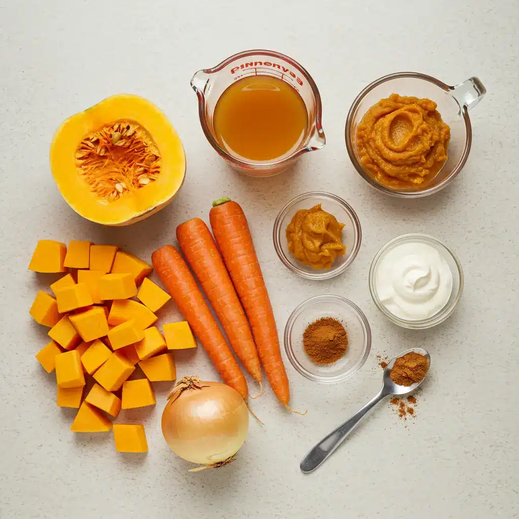 Ingredients for Panera Autumn Squash Soup arranged on a counter