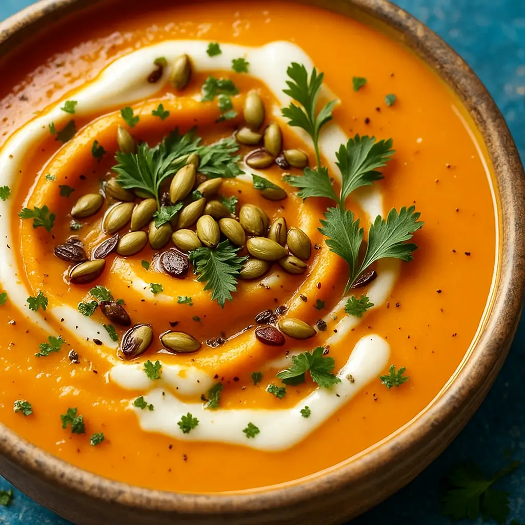 Panera Butternut Squash Soup in a bowl with cream swirl