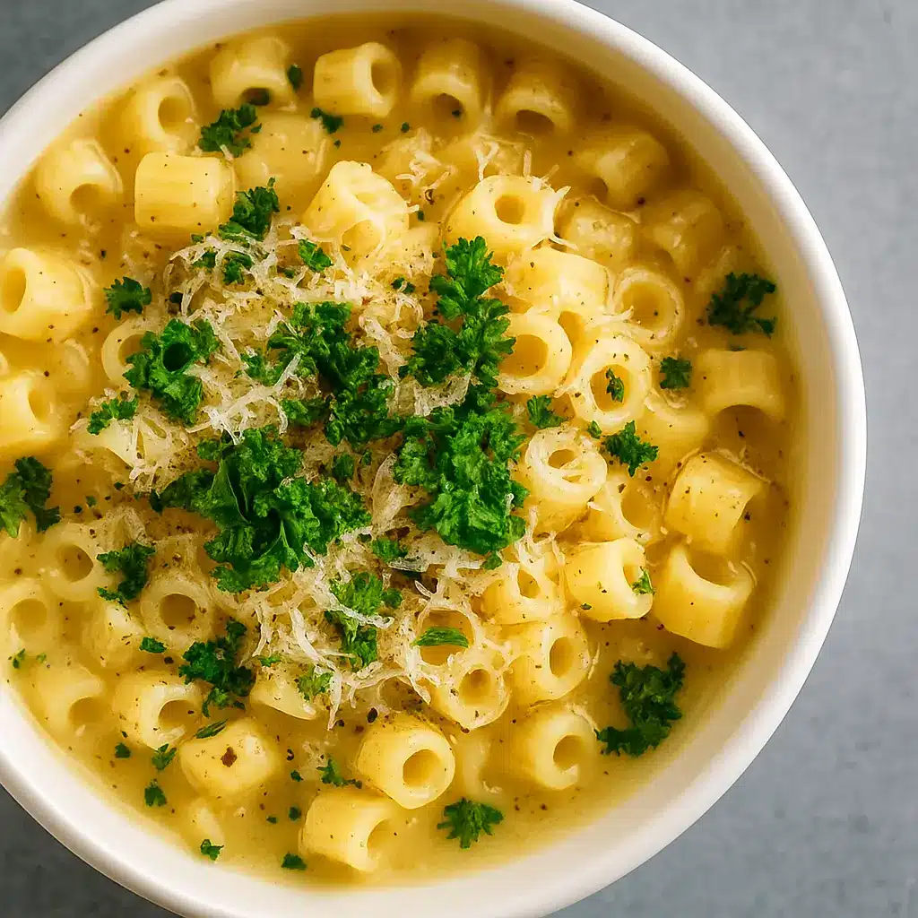 Creamy Parmesan Pasta Soup in rustic bowl