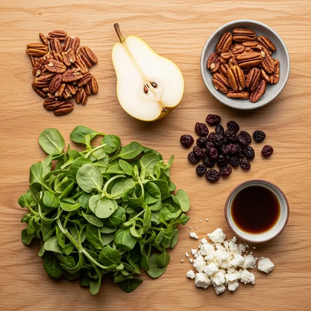 ingredients for pear and candied pecan salad