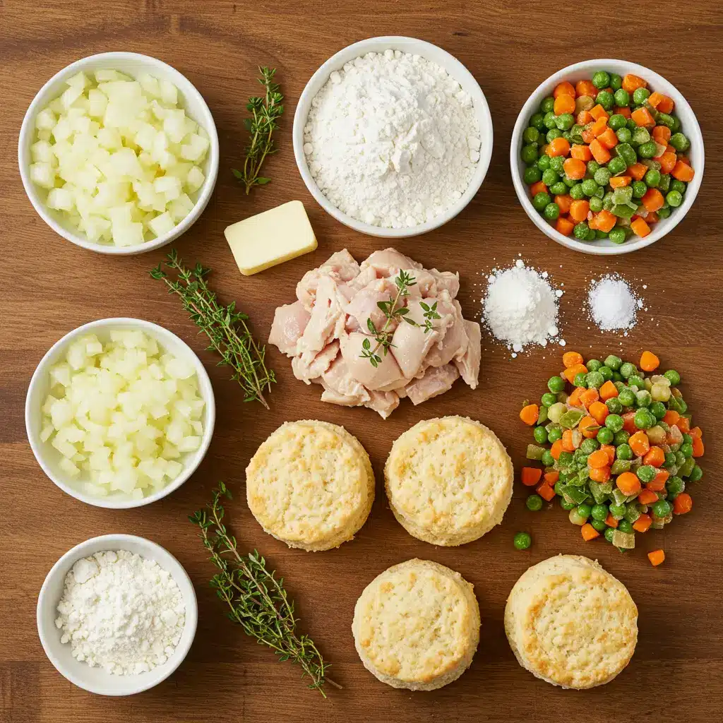 Pioneer Woman Chicken Pot Pie With Biscuits ingredients arranged on wooden table