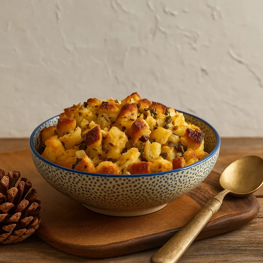 Pioneer Woman Cornbread Stuffing baked golden in a rustic dish