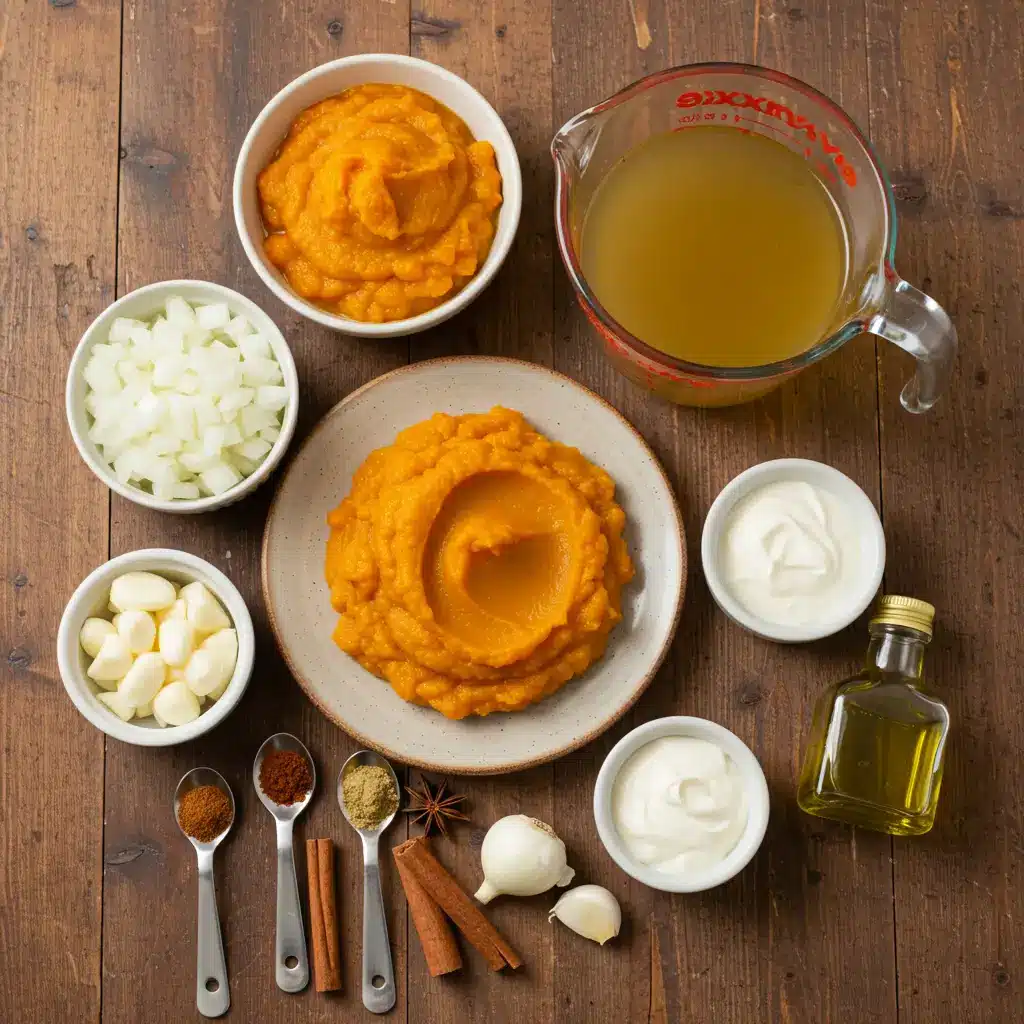 Pumpkin Soup ingredients displayed on wooden table