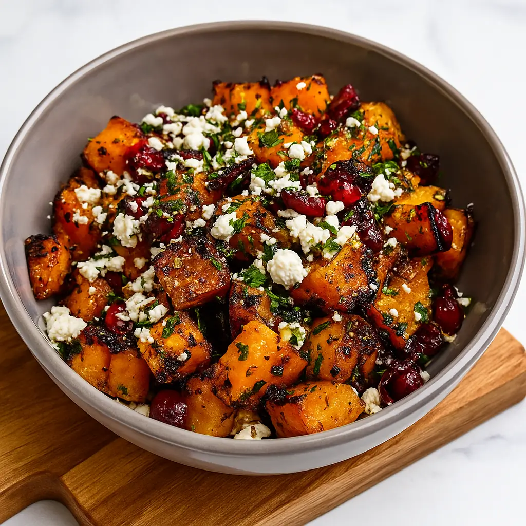 roasted butternut squash with cranberries and feta bliss served in bowl