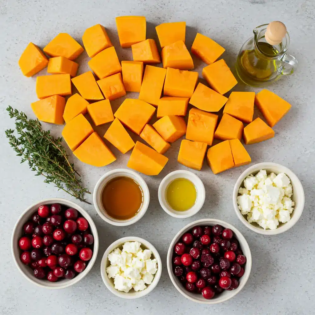 ingredients for roasted butternut squash with cranberries and feta bliss