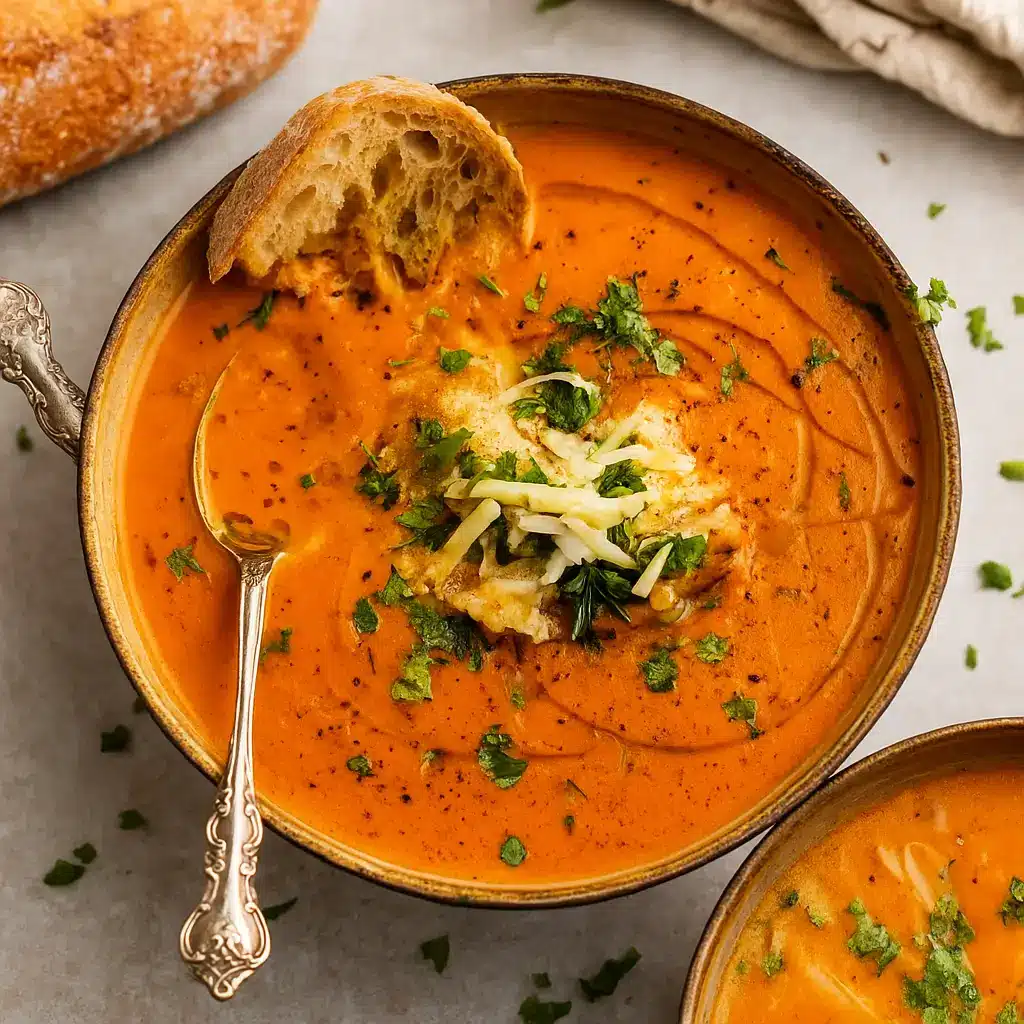 Bowl of Roasted Red Pepper and Gouda Soup